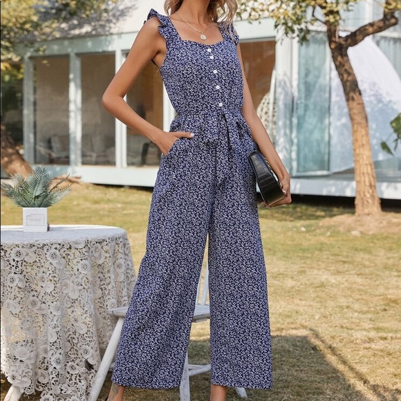 Pants - Button Front Ruffle Trim Floral Belted Jumpsuit